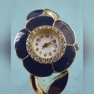 Ladies Navy Blue Enamel Floral Goldtone Cuff Watch